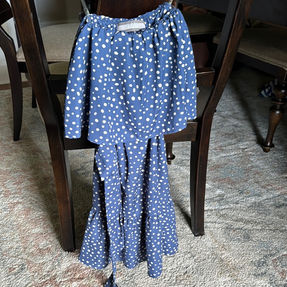Blue and cream Addie strapless dress, size small